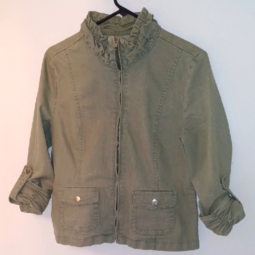 Live a Little Army Green Utility Jacket w/ High Collar, M - Picture 4 of 8